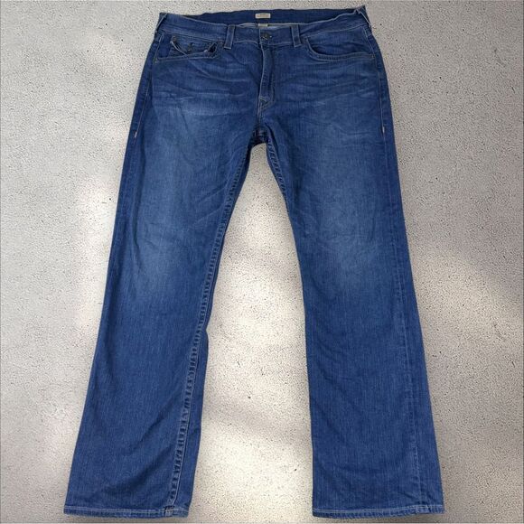 True Religion Jeans 42x32 Blue Ricky Relaxed Straight Dark Denim Flap Pocket Vtg - Picture 2 of 7